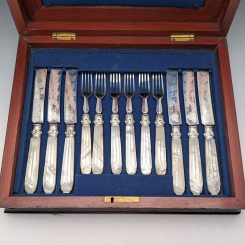 1870 British antique white mother-of-pearl handle dessert cutlery, 6 pairs, wooden box